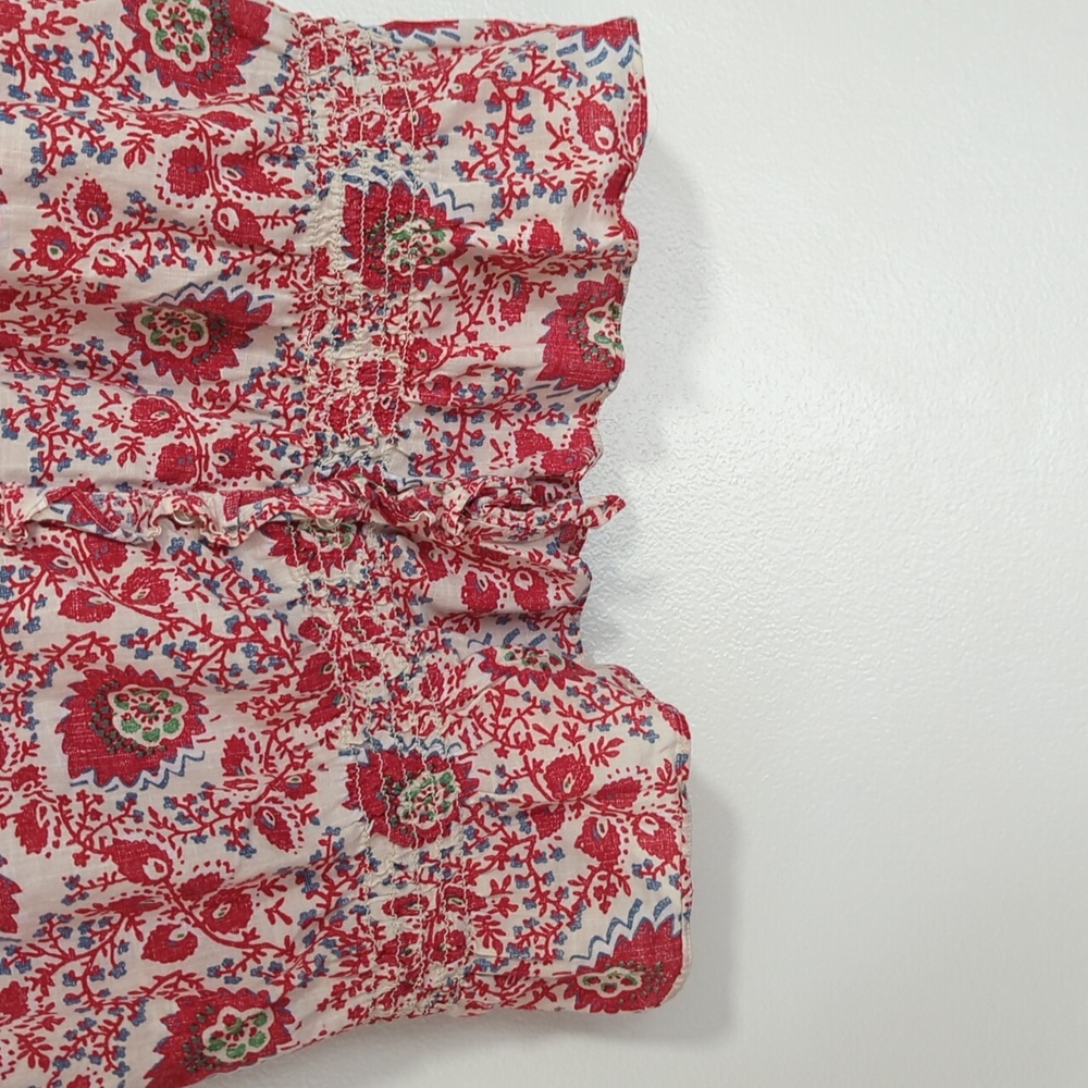 LRL Ralph Lauren Jeans Co. Red White Floral Cotton Shirt Sleeve Ruffle Top M - Picture 3 of 6